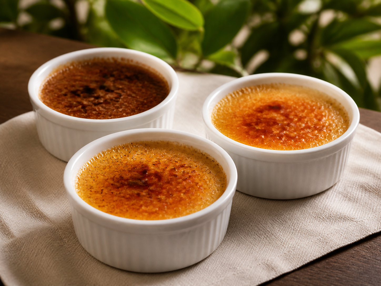 Three crème brûlée ramekins on a wooden table