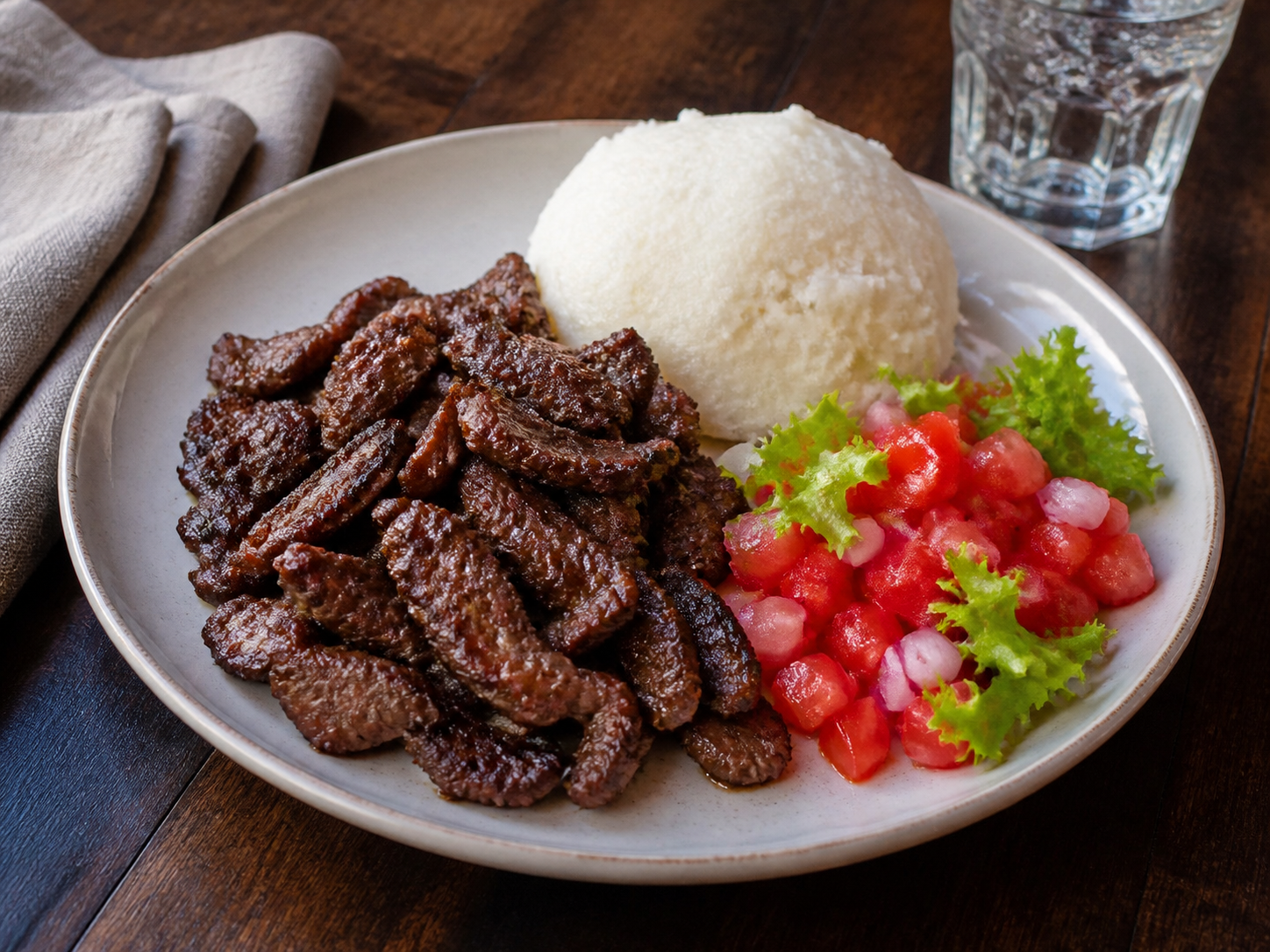 Namibian kapana with pap and tomato relish
