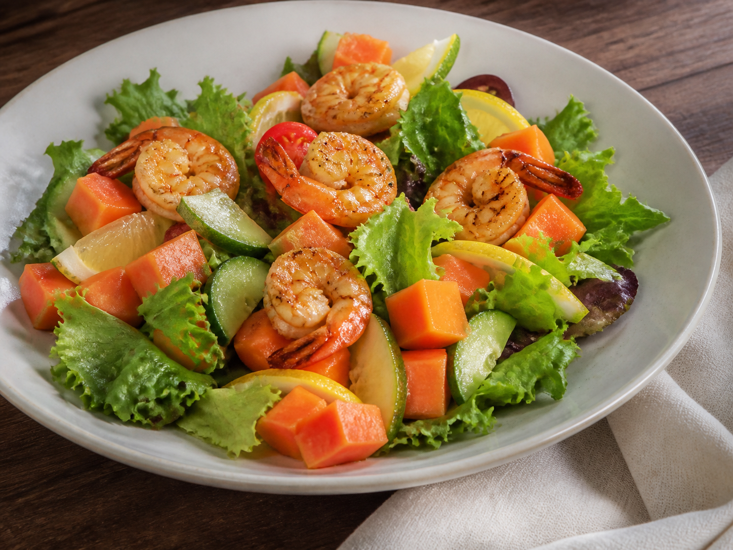 Ocean Breeze style salad with prawns and papaya